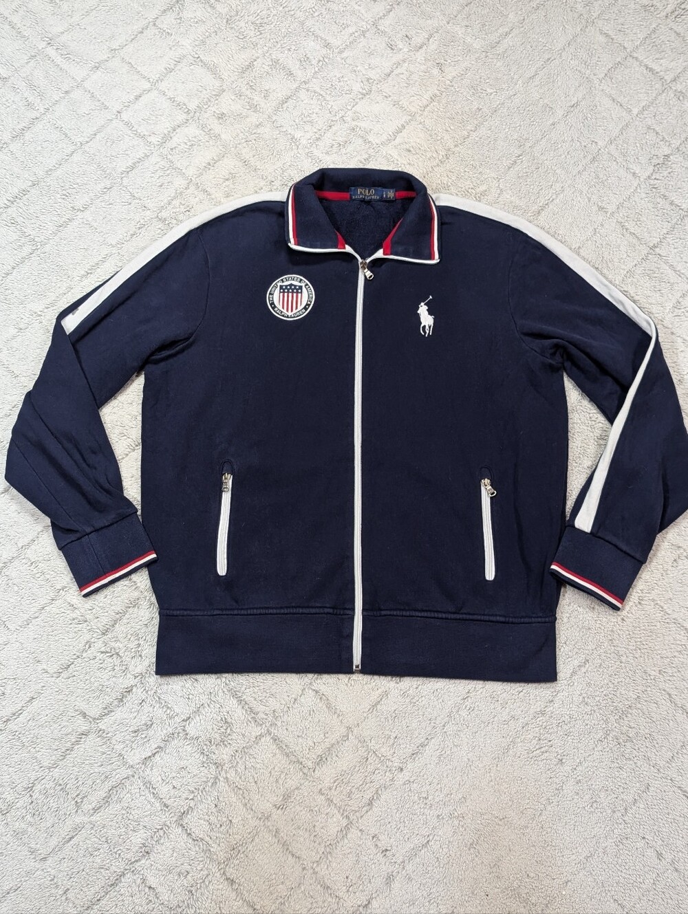 Polo Ralph Lauren Jacket Mens L Blue Navy USA Track Full Zip Big Pony Preppy